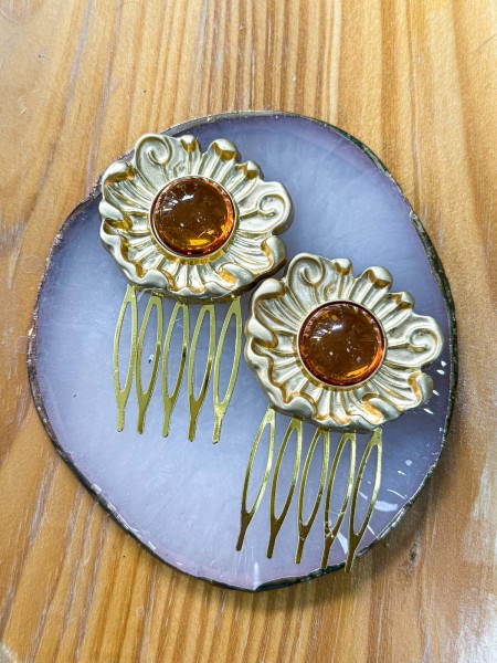 2 PEINAS ROSETÓN PERLA ÁMBAR